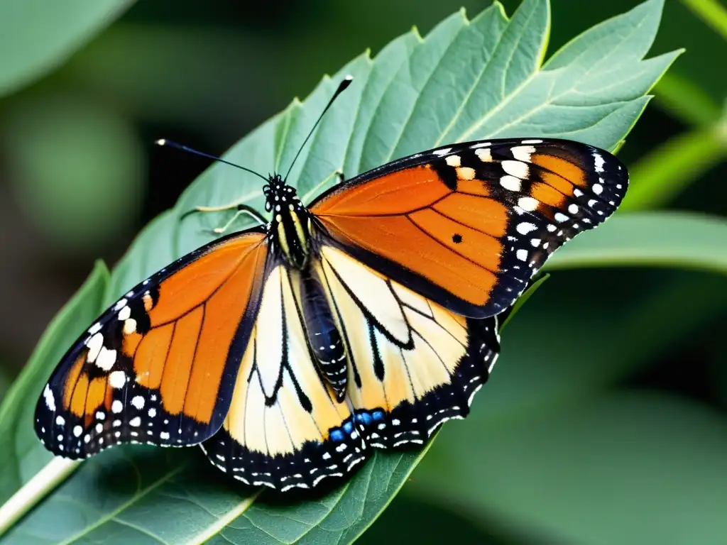 Una mariposa monarca vibrante se alimenta delicadamente de una flor de algodoncillo, con sus alas naranjas, negras y blancas iluminadas por el sol