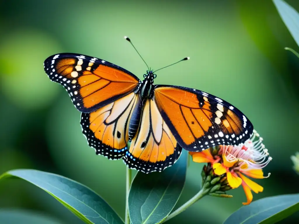 Una mariposa monarca vibrante descansa sobre una flor de algodoncillo, mostrando su belleza delicada