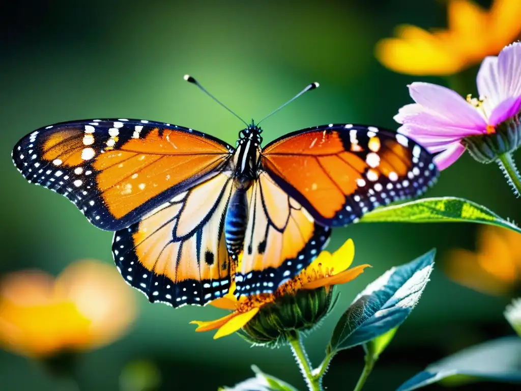 Una mariposa monarca vibrante descansa en una flor colorida, con sus alas desplegadas