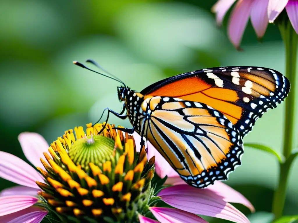 Una mariposa Monarca vibrante bebiendo néctar de una flor morada mientras el sol resalta sus alas