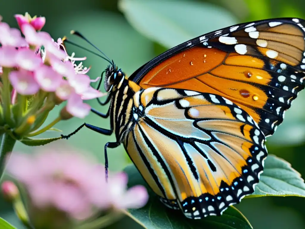 Una mariposa monarca vibrante en una flor rosa, desplegando sus alas detalladas bajo la luz del sol