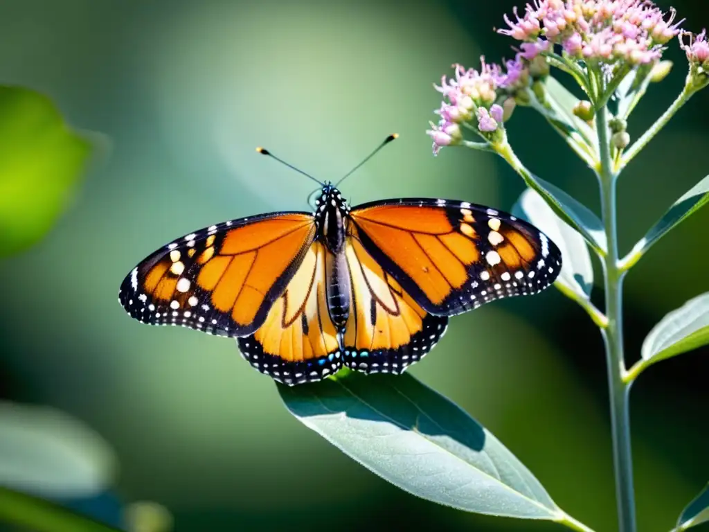 Una mariposa monarca vibrante se posa en una planta de algodoncillo en flor, destacando la importancia de los insectos en ecosistemas