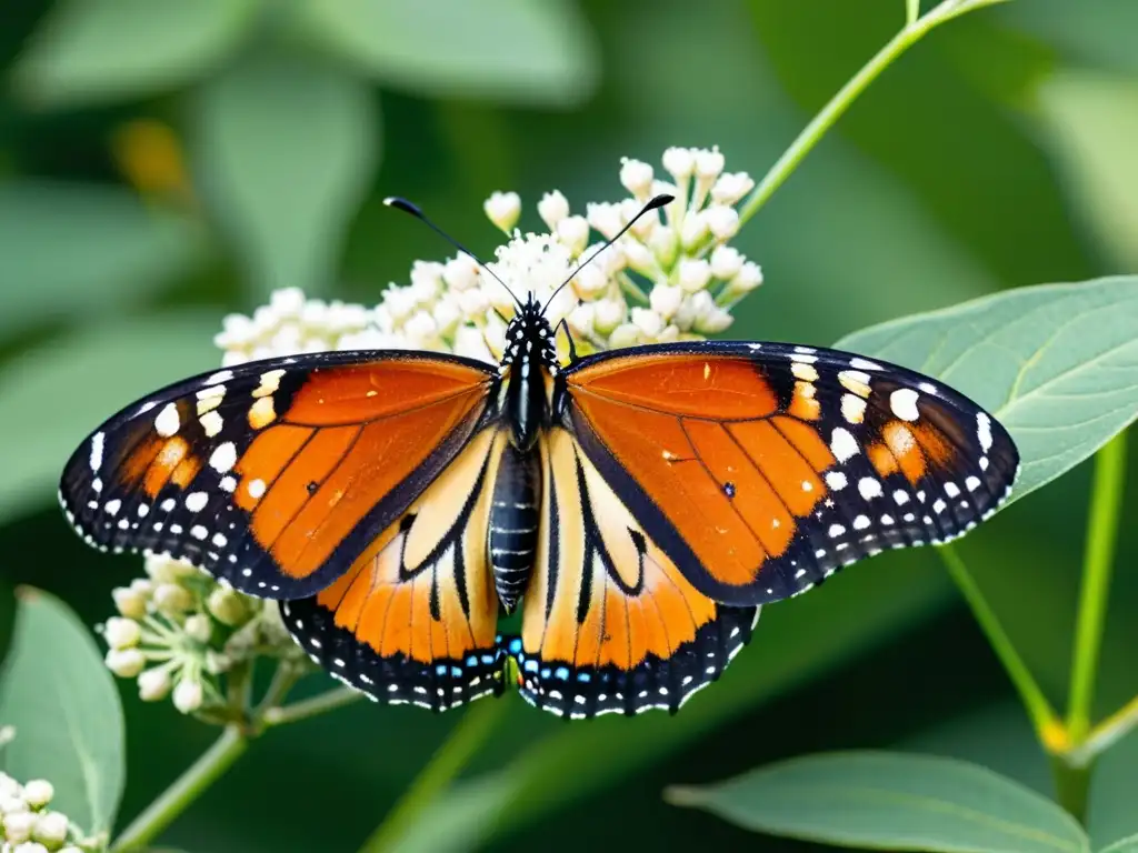 Una mariposa monarca vibrante descansa en una planta de algodoncillo, mostrando sus patrones de alas naranjas y negros mientras toma néctar