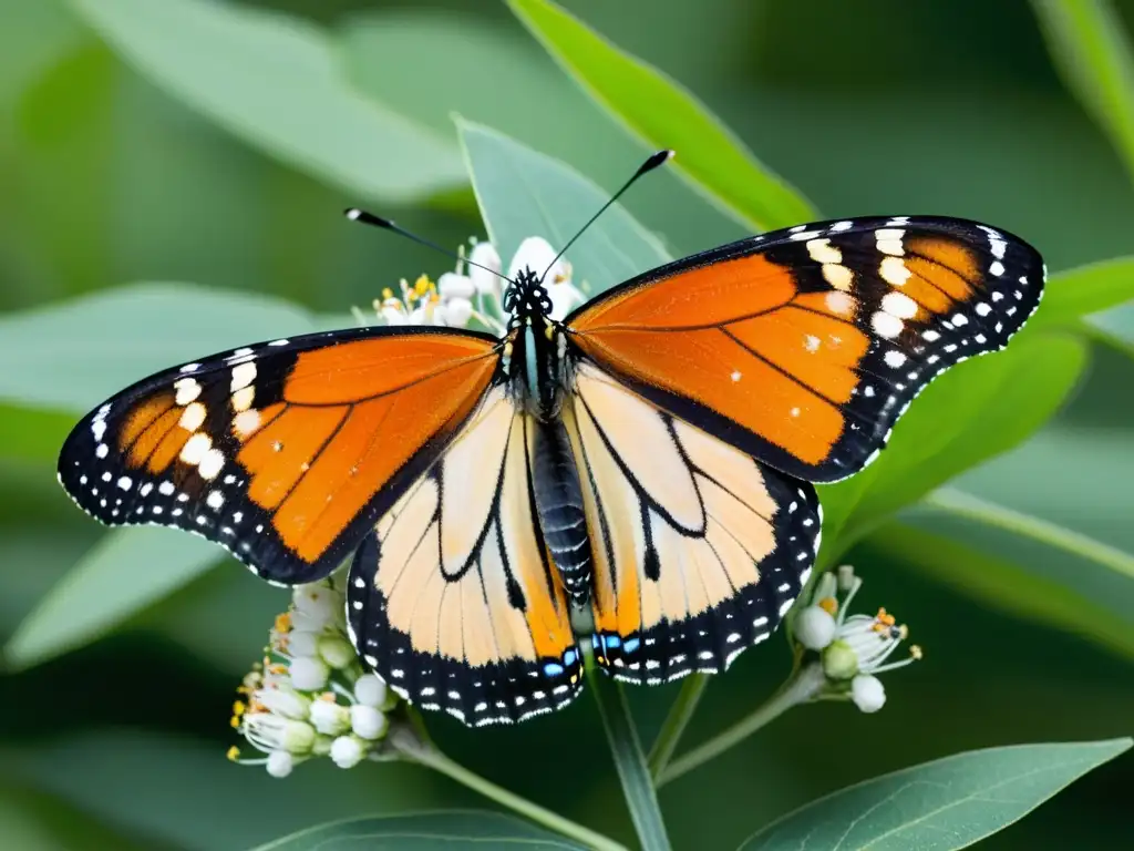 Una mariposa Monarca vibrante descansa en una planta de algodoncillo, mostrando sus alas naranjas y negras iridiscentes