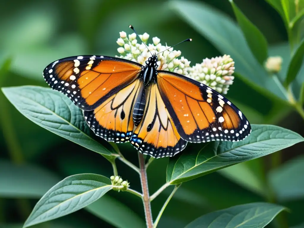 Una mariposa monarca vibrante posada en una planta de algodoncillo, resaltando la belleza y fragilidad de estas especies amenazadas de insectos