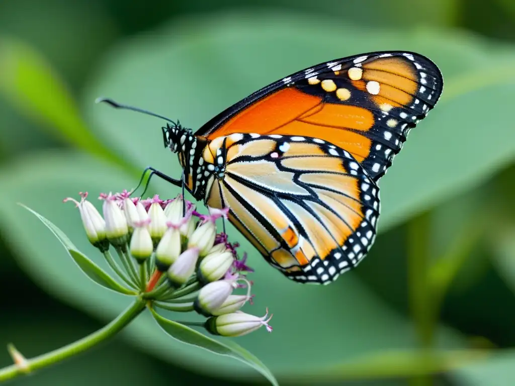 Una mariposa monarca vibrante posada en una planta de algodoncillo, con sus alas detalladas y antenas delicadas en primer plano