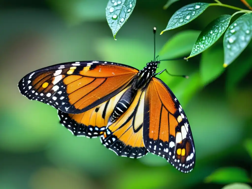 Una mariposa monarca en vuelo, con alas naranjas y negras detalladas