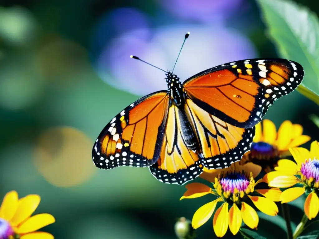 Una mariposa monarca en vuelo, con sus alas vibrantes y detalladas, se destaca en un paisaje colorido