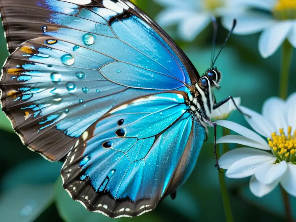 Una mariposa morfo azul en una flor, sus alas reflejan la luz del sol en un impresionante detalle 8k