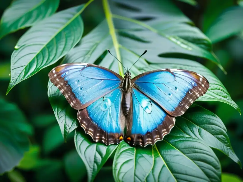 Una mariposa morfo azul descansa en una hoja verde, resaltando la importancia cultural de los insectos con su belleza natural