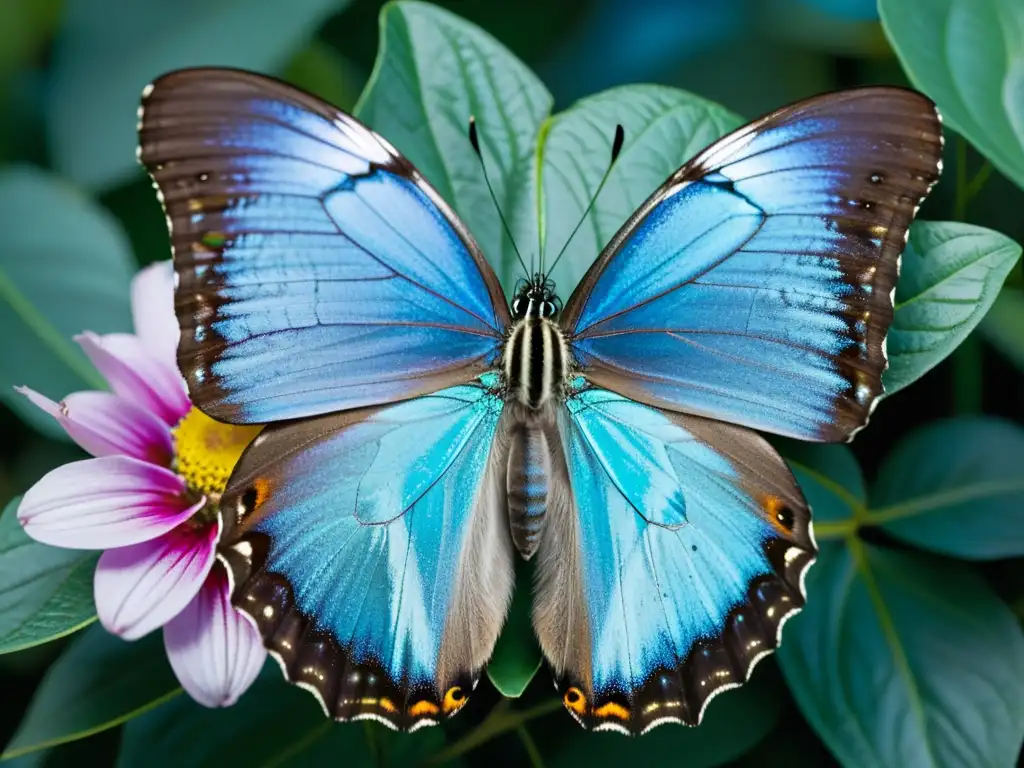 Una mariposa morfo posada en una flor vibrante, destacando la importancia de los insectos en arte contemporáneo