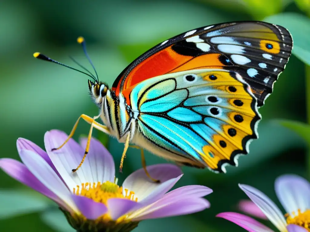 Una mariposa multicolor reposa en una flor, reflejando la luz del sol en un jardín para mariposas ecológico