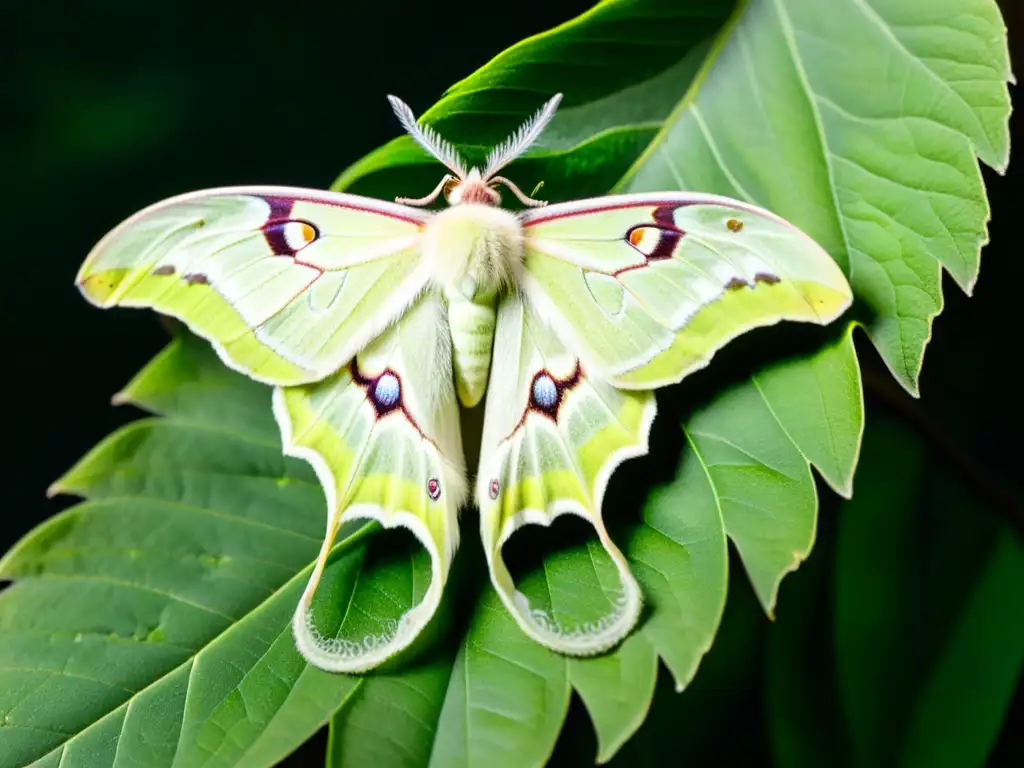 Mariposa nocturna Actias luna en hoja verde iluminada por la luna