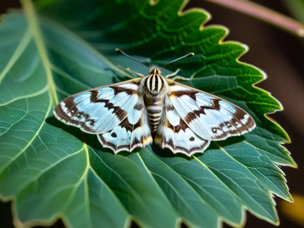 Una mariposa nocturna descansa en una hoja verde, sus alas iridiscentes y patrones intrincados visibles bajo la luz de la luna