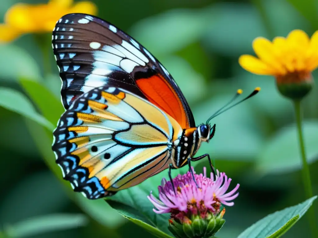 Una mariposa posada en una flor vibrante, con sus delicadas alas iridiscentes y detalladas