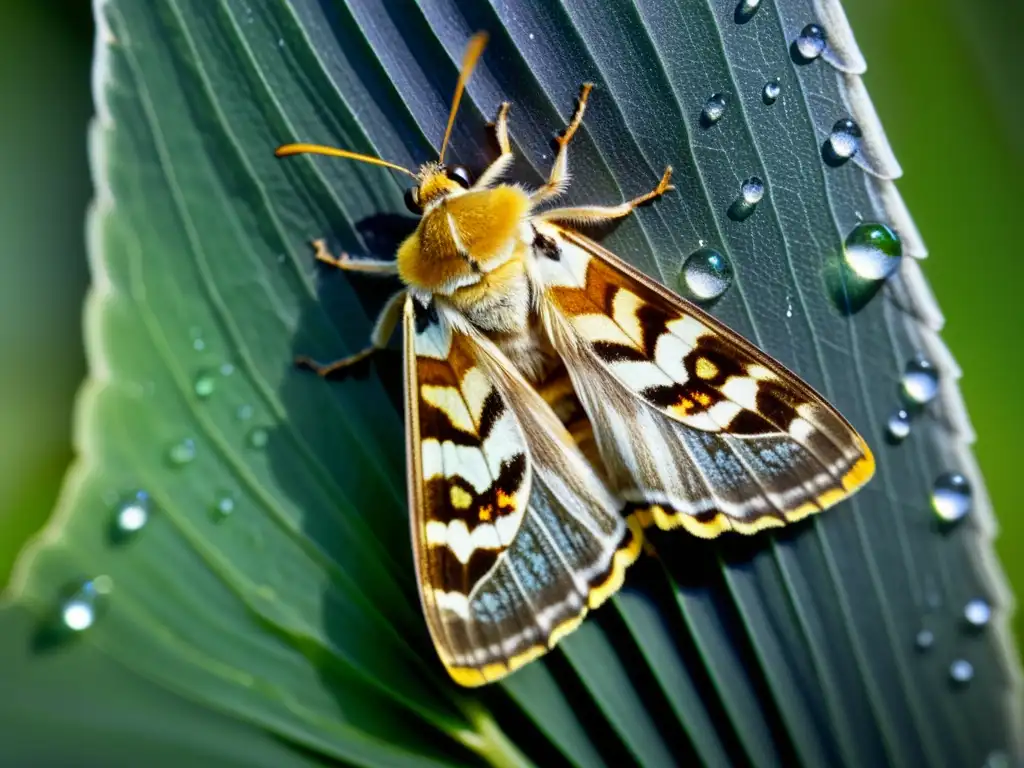 Una mariposa recién salida de su crisálida, con sus alas desplegándose y pequeñas gotas de rocío brillando en sus escamas iridiscentes