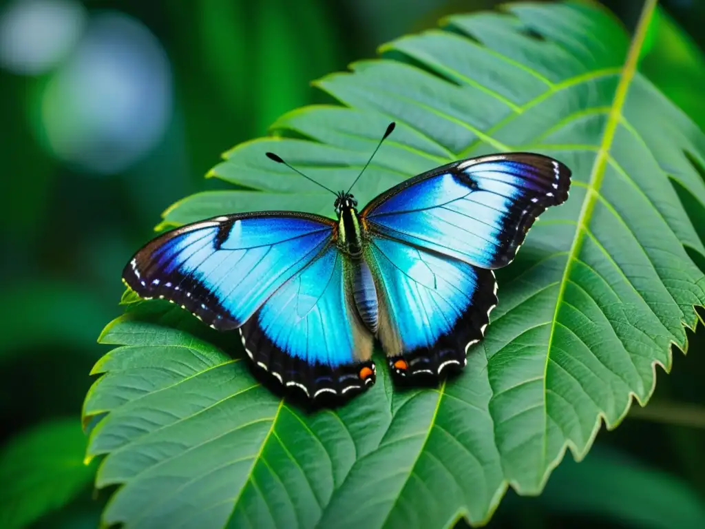 Mariposa tropical iridiscente en hoja verde, detalle asombroso