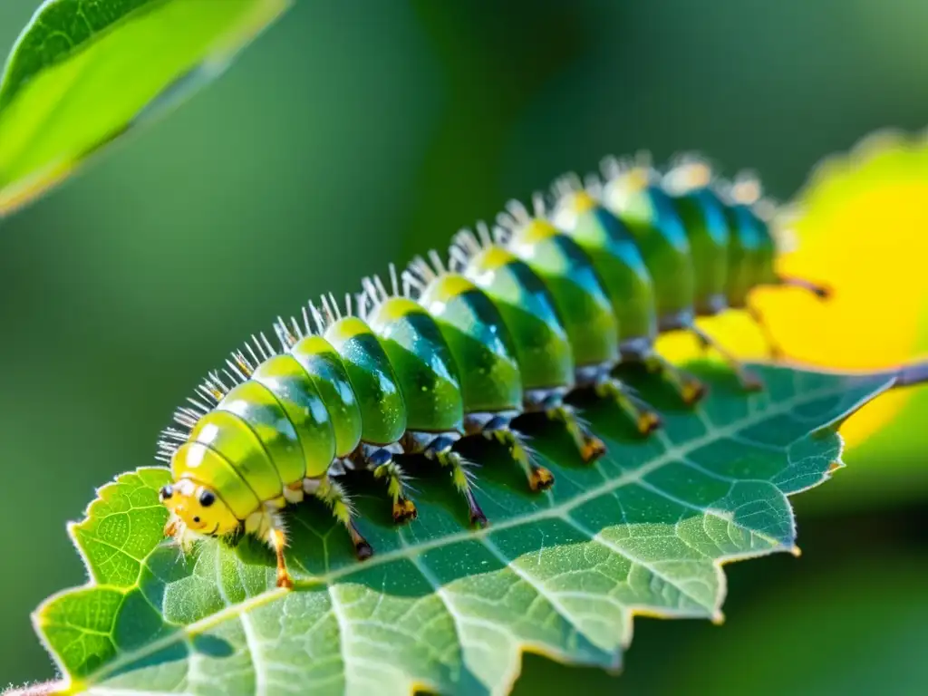 Una mariposa verde devorando una hoja con detalle, mostrando su ciclo de vida