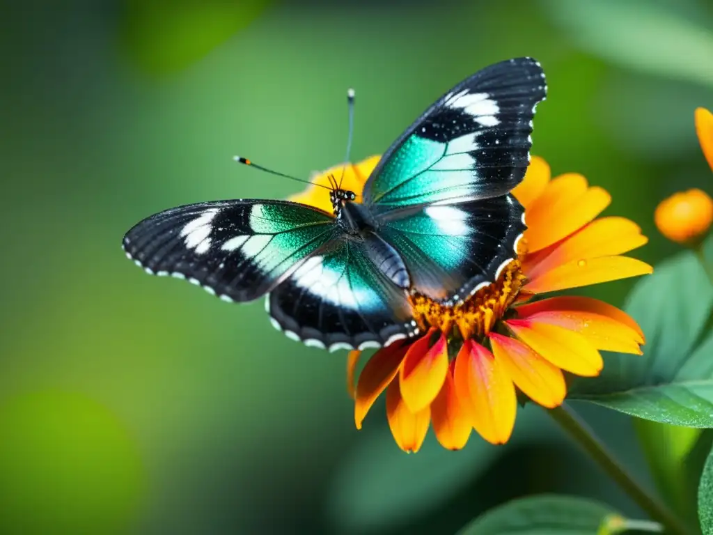 Una mariposa verde y negra posada en una flor naranja, revelando patrones iridiscentes