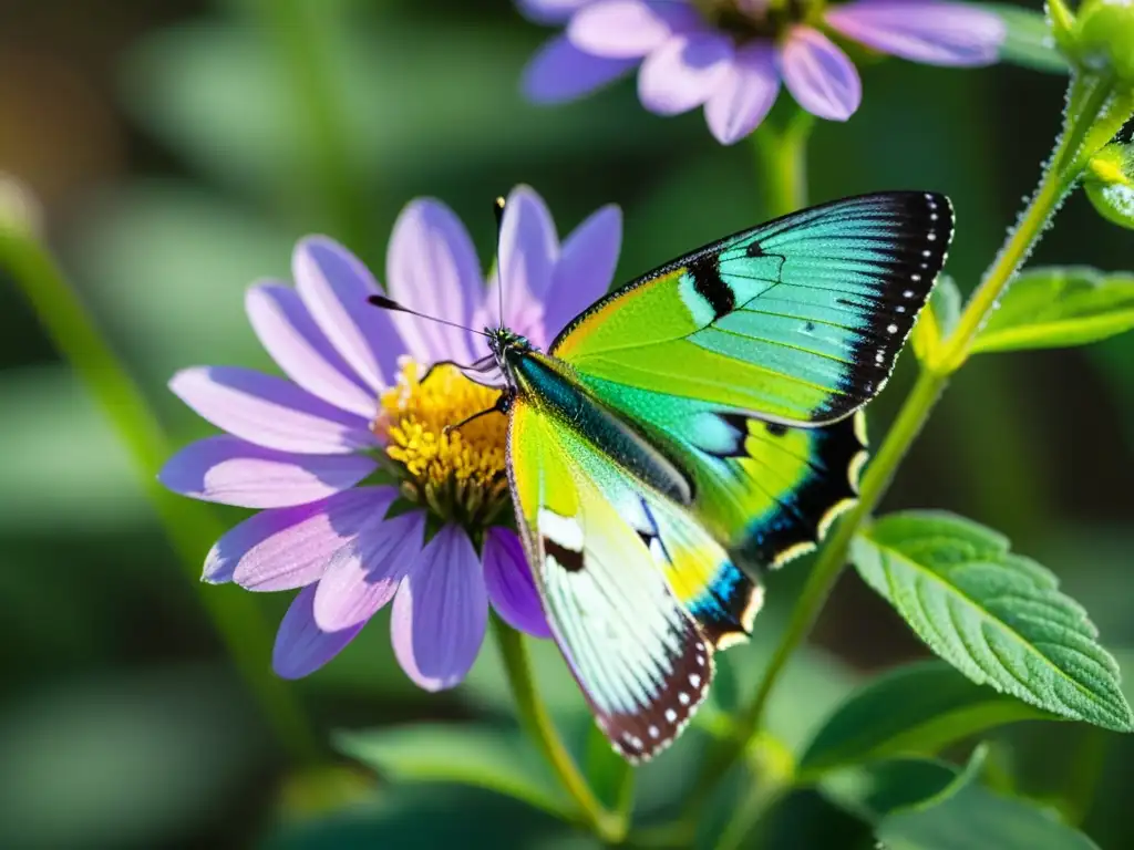 Una mariposa verde vibrante reposa en una flor morada mientras la luz del sol brilla en sus alas