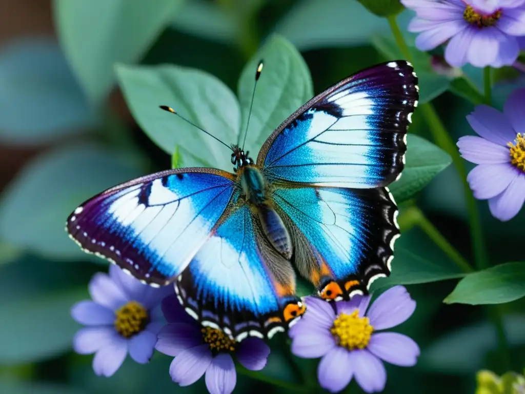 Una mariposa vibrante y detallada descansa sobre un pétalo, mostrando sus alas iridiscentes