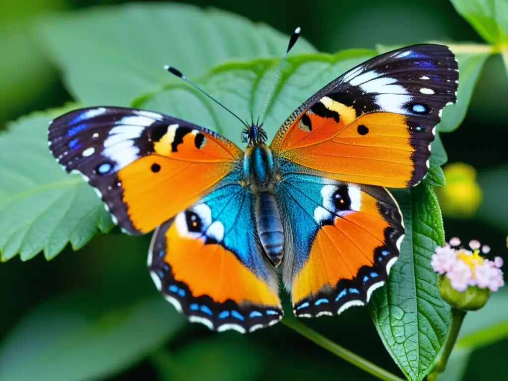 Una mariposa vibrante y detallada posada en una flor, con sus alas iridiscentes extendidas, revelando la belleza de la biodiversidad de insectos