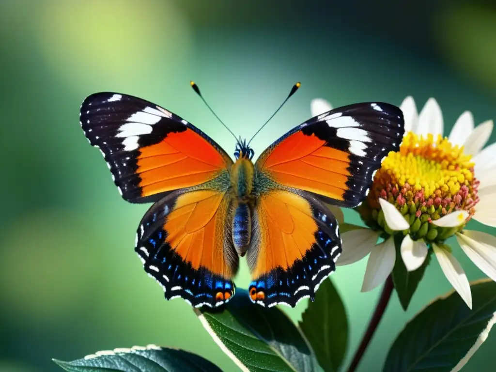 Una mariposa vibrante descansa en una flor, con sus alas iridiscentes desplegadas al sol