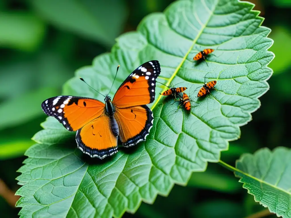 Una mariposa naranja vibrante descansa en una hoja verde mientras unas hormigas negras la rodean