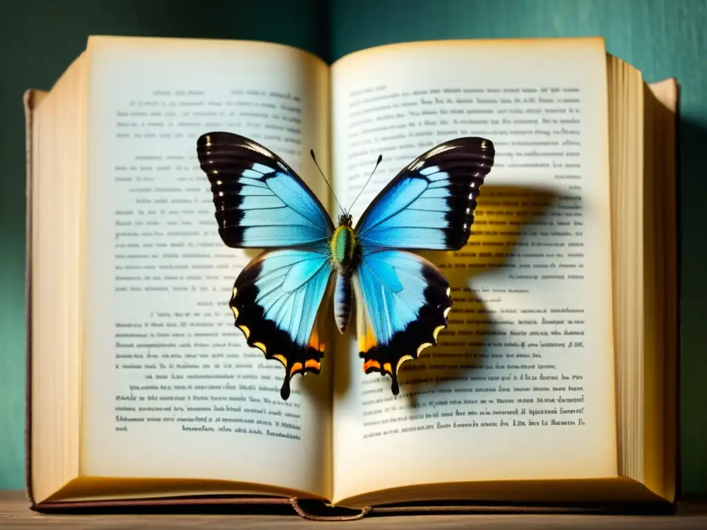 Una mariposa vibrante descansa en un libro antiguo, con sus alas detalladas y el sol creando sombras, representación de insectos en literatura