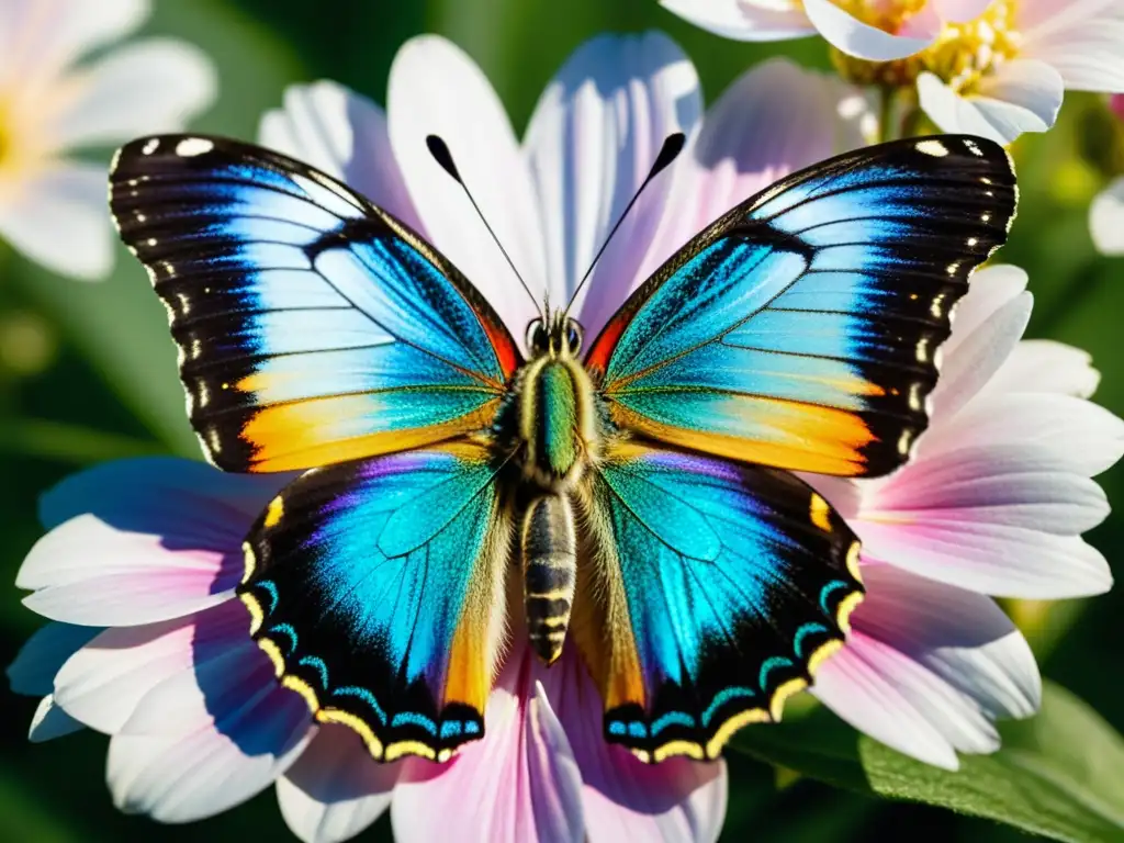 Una mariposa vibrante descansa en un pétalo delicado