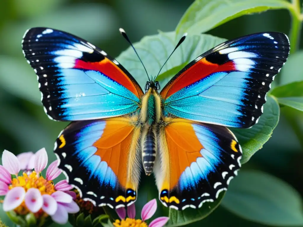 Una mariposa vibrante posada en una flor, con alas iridiscentes que revelan una belleza natural