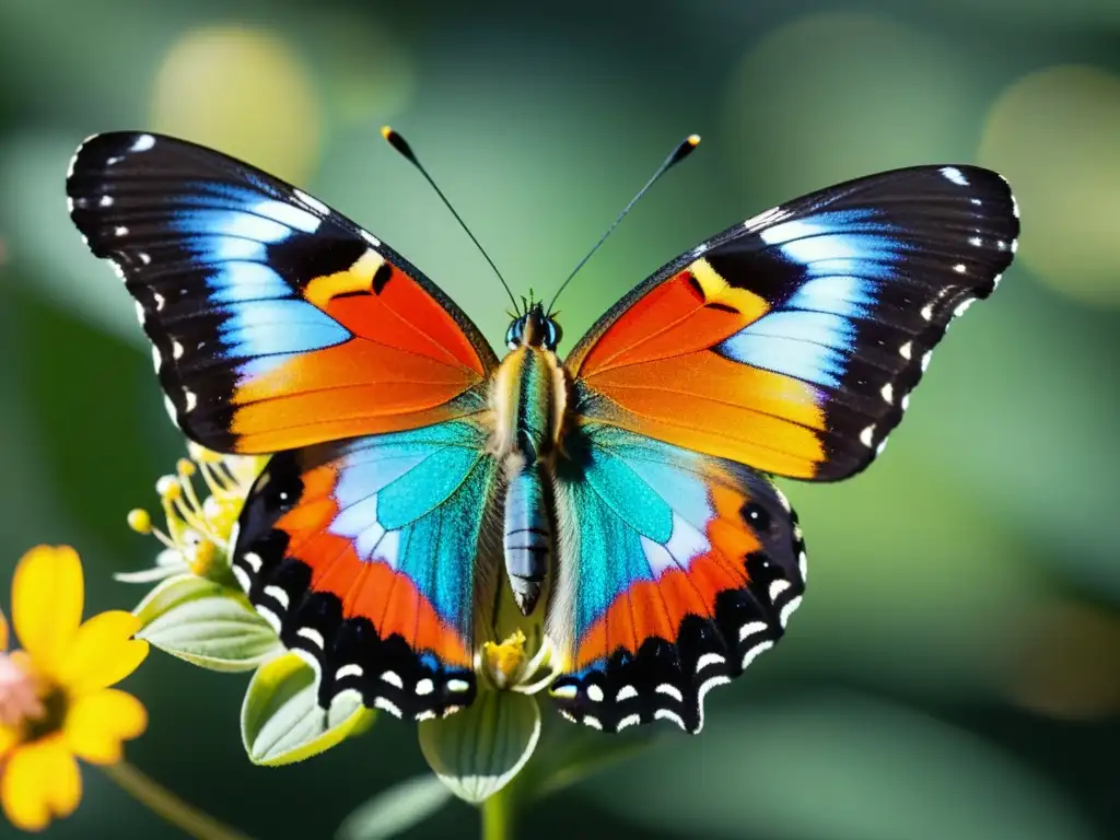 Una mariposa vibrante posada en una flor, con cada detalle de sus alas iridiscentes claramente visible