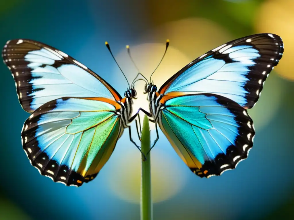 Dos mariposas en un baile aéreo, mostrando migraciones nupciales en insectos con sus alas iridiscentes y patrones intrincados