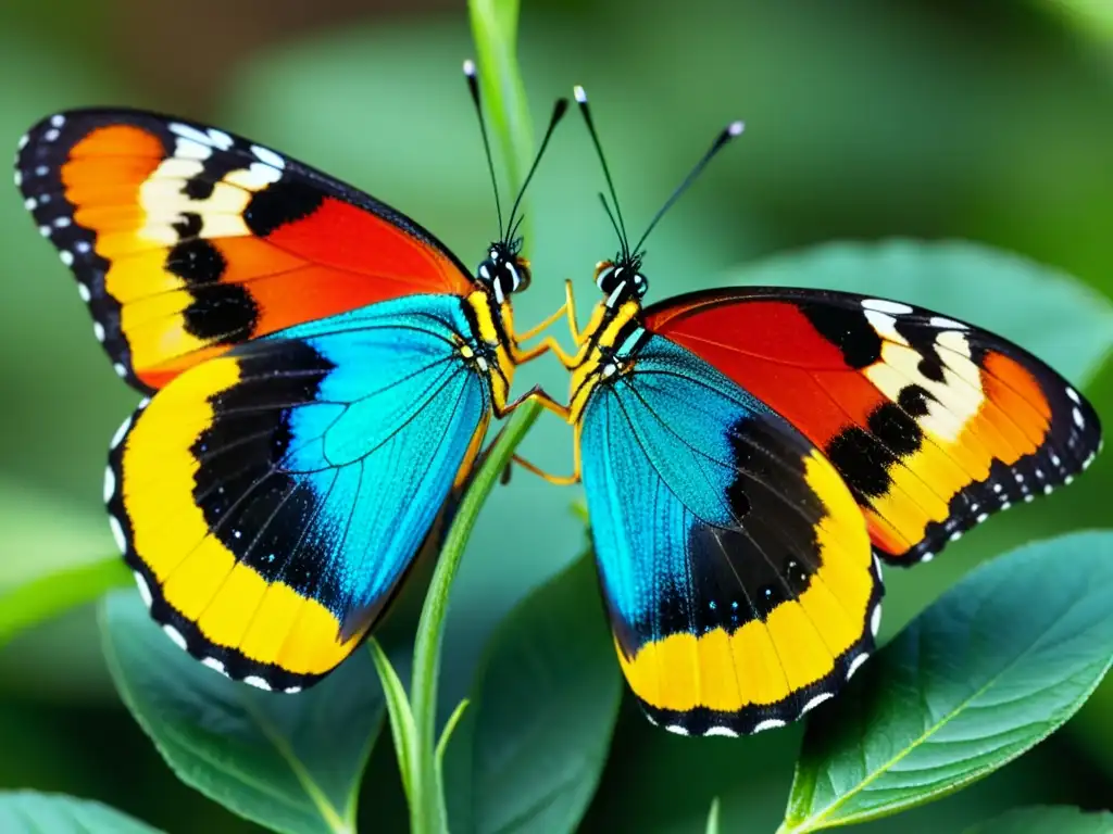 Dos mariposas vibrantes en un ritual de apareamiento en el aire, mostrando la influencia de las feromonas en la reproducción de insectos