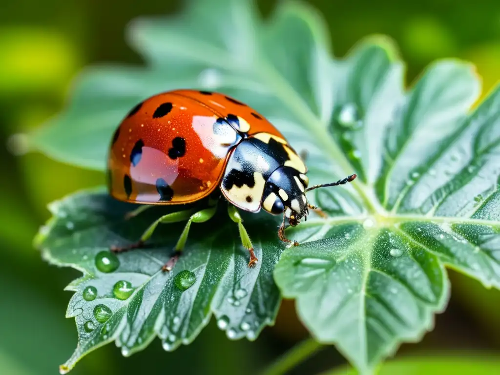 Una mariquita brillante inspecciona una hoja verde, mostrando la prevención de plagas en invernaderos naturales