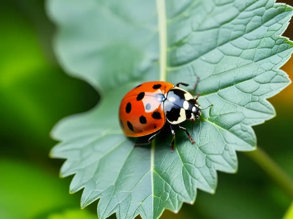 Una mariquita brillante en una hoja verde en un jardín urbano