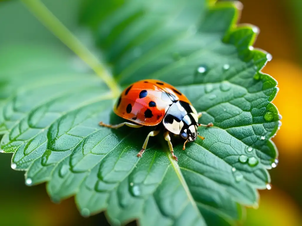 Una mariquita común posada en una hoja verde brillante, mostrando sus patrones y texturas