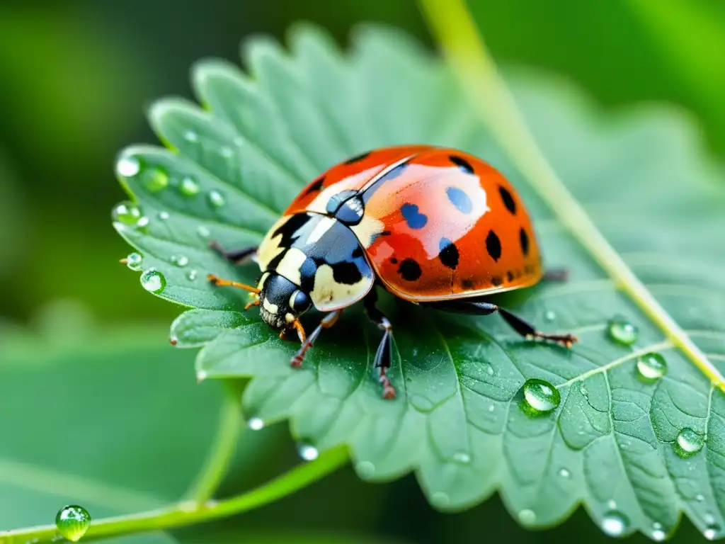 Una mariquita delicada se desplaza sobre una hoja verde vibrante, salpicada de diminutas gotas de agua que brillan a la luz del sol