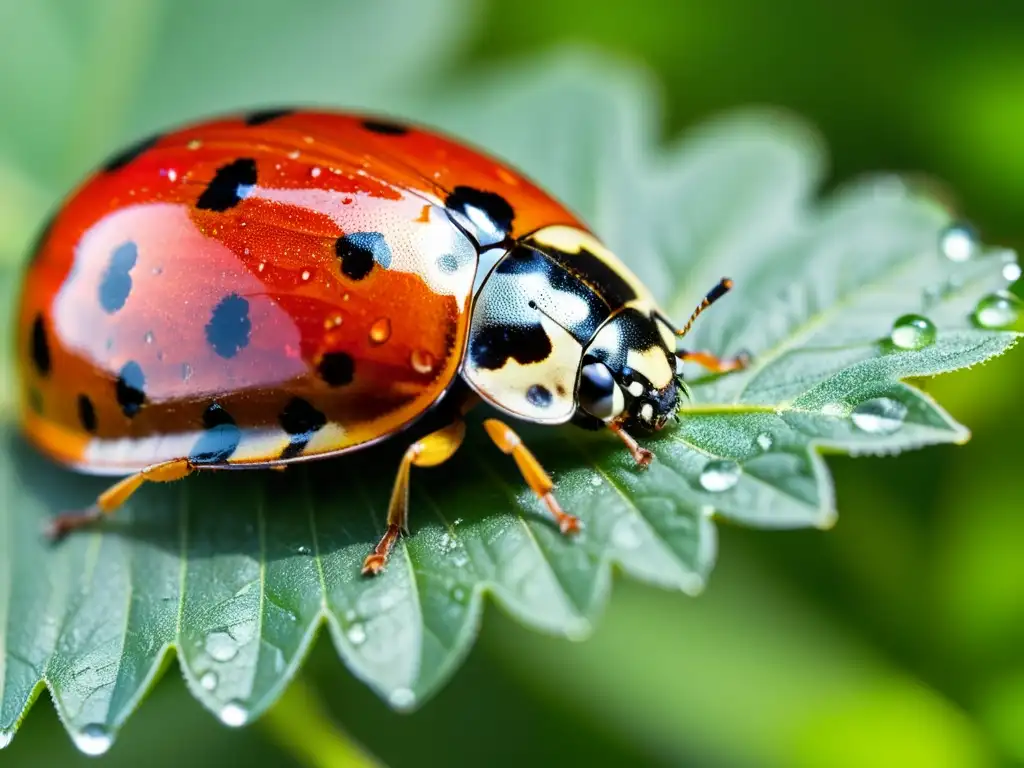 Una mariquita delicada reposa en una hoja verde vibrante con gotas de agua, mostrando sus detalles nítidos y alas translúcidas