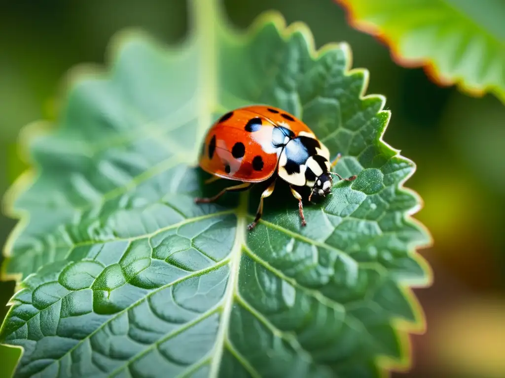 Una mariquita en un delicado equilibrio sobre una hoja verde, en un entorno sereno