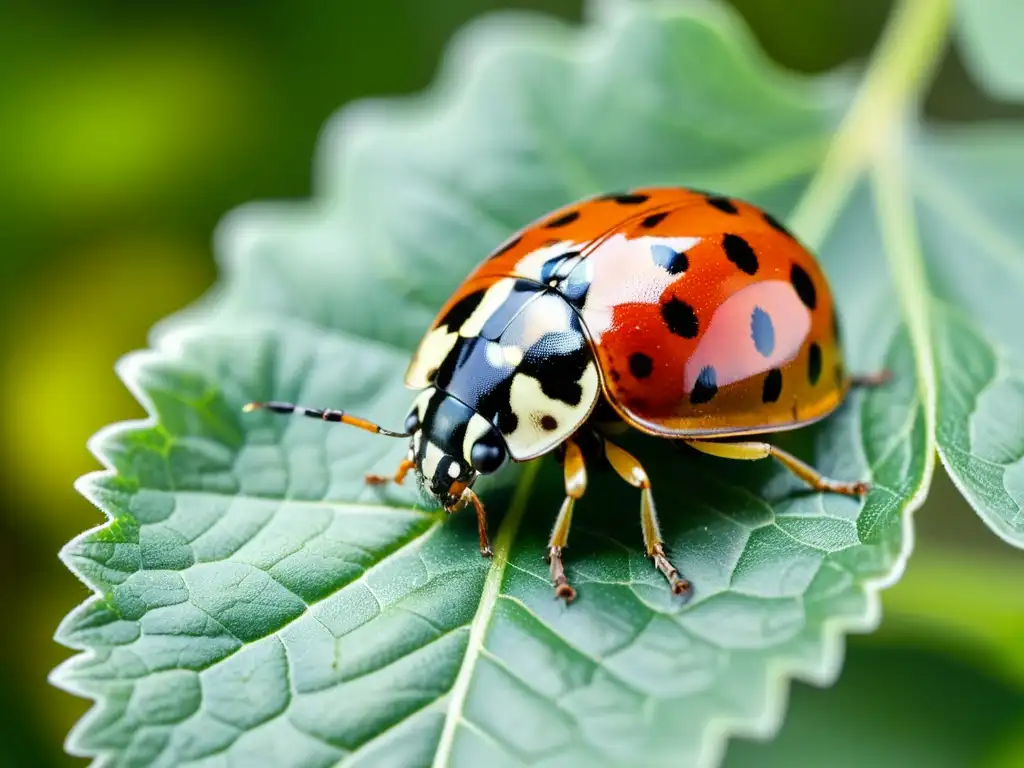 Una mariquita detallada con su caparazón rojo y negro se posa en una hoja verde, equilibrando el ecosistema