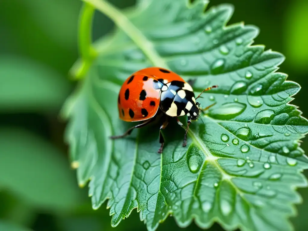 Una mariquita detallada sobre hoja de tomate