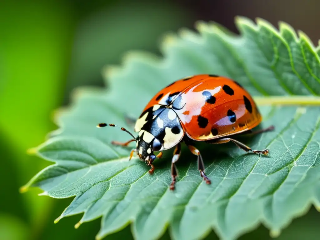 Una mariquita detallada descansa en una hoja verde vibrante, mostrando la importancia de la conservación de insectos en la agricultura sostenible