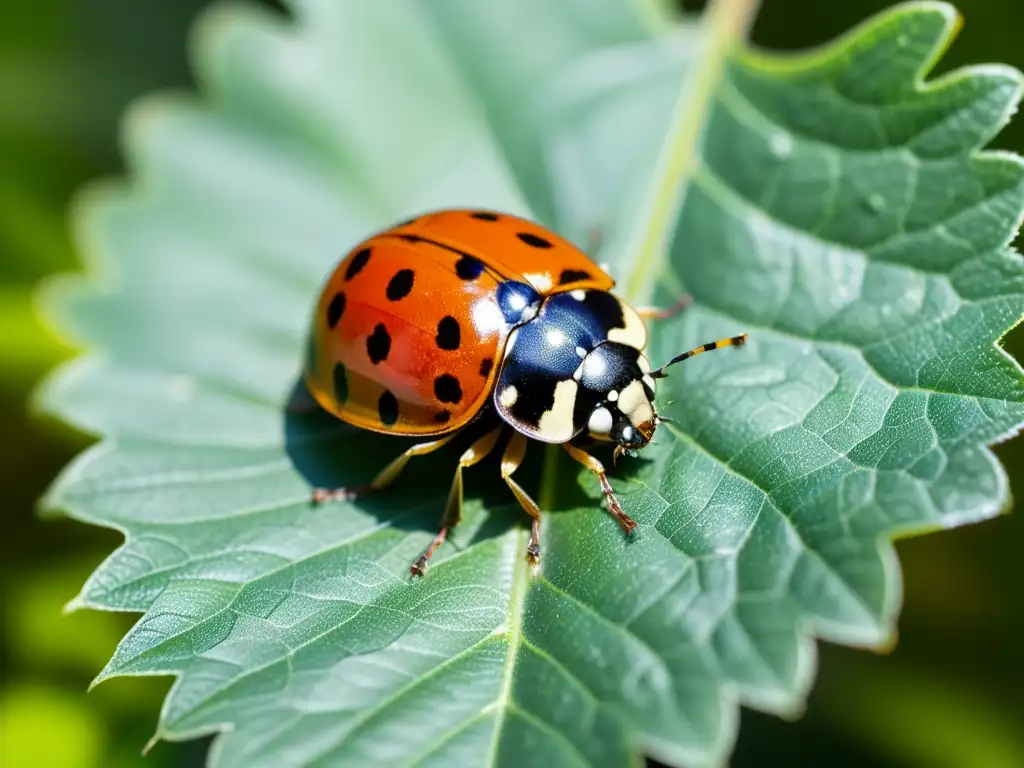 Una mariquita detallada descansa en una hoja verde vibrante, con sus alas abiertas revelando un patrón de puntos