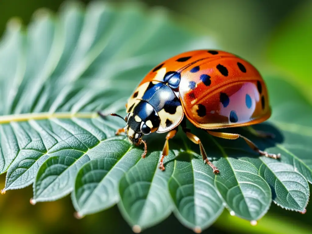 Una mariquita detallada descansa en una hoja verde, con sus alas rojas y negras, patas delicadas y alas translúcidas captando la luz del sol