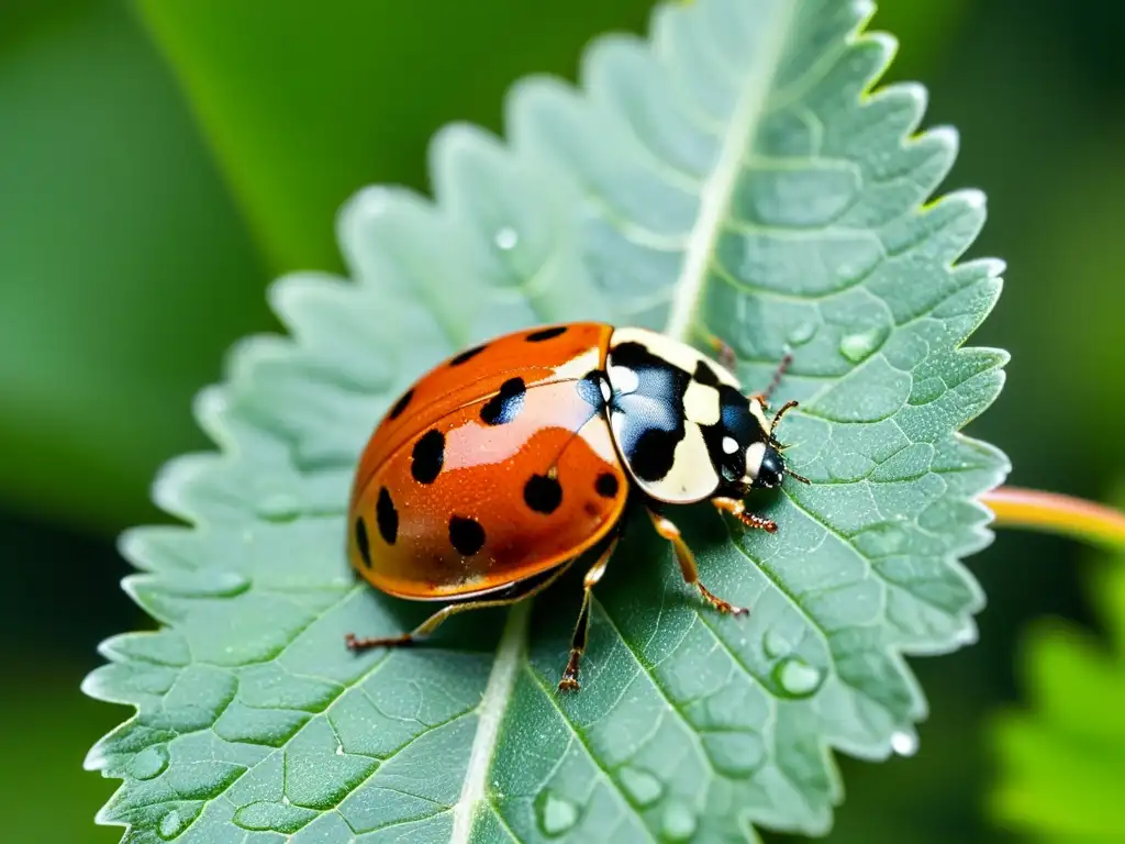 Detalles asombrosos: mariquita en hoja verde Una mariquita detallada sobre una hoja verde vibrante con gotas de rocío