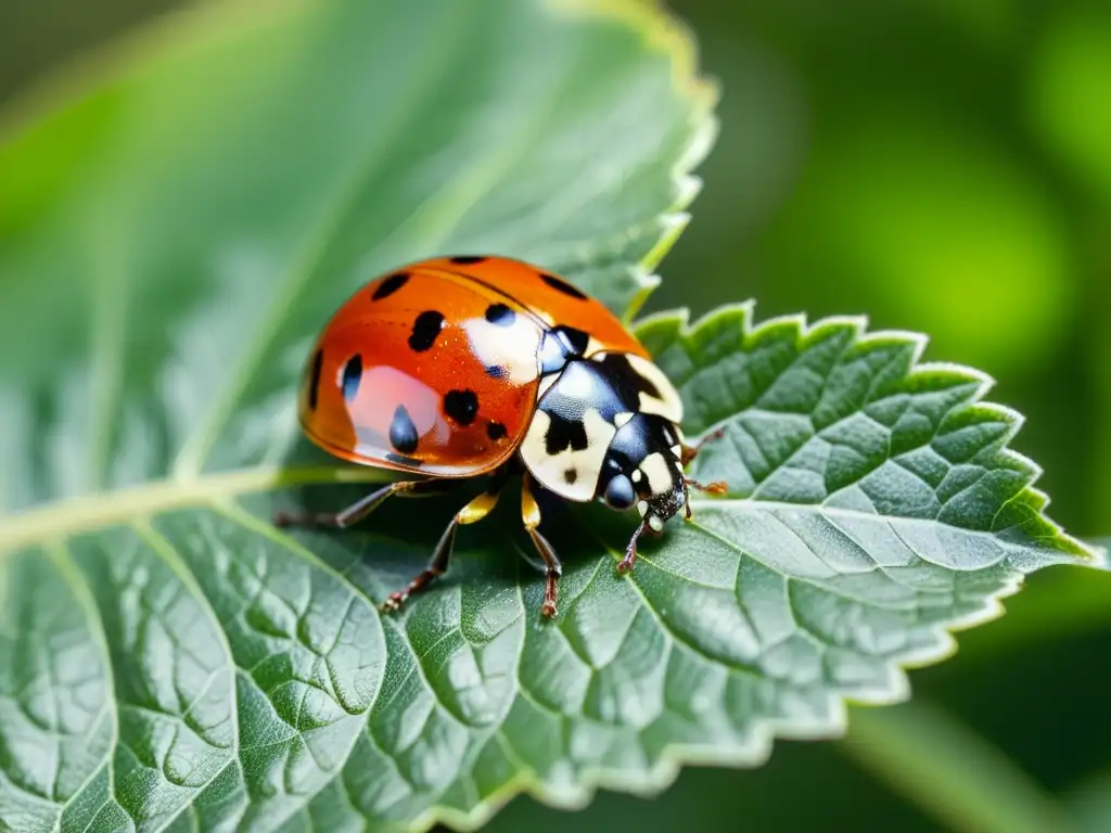 Una mariquita detallada en una hoja verde, iluminada por el sol, muestra el manejo integrado de plagas ecológico