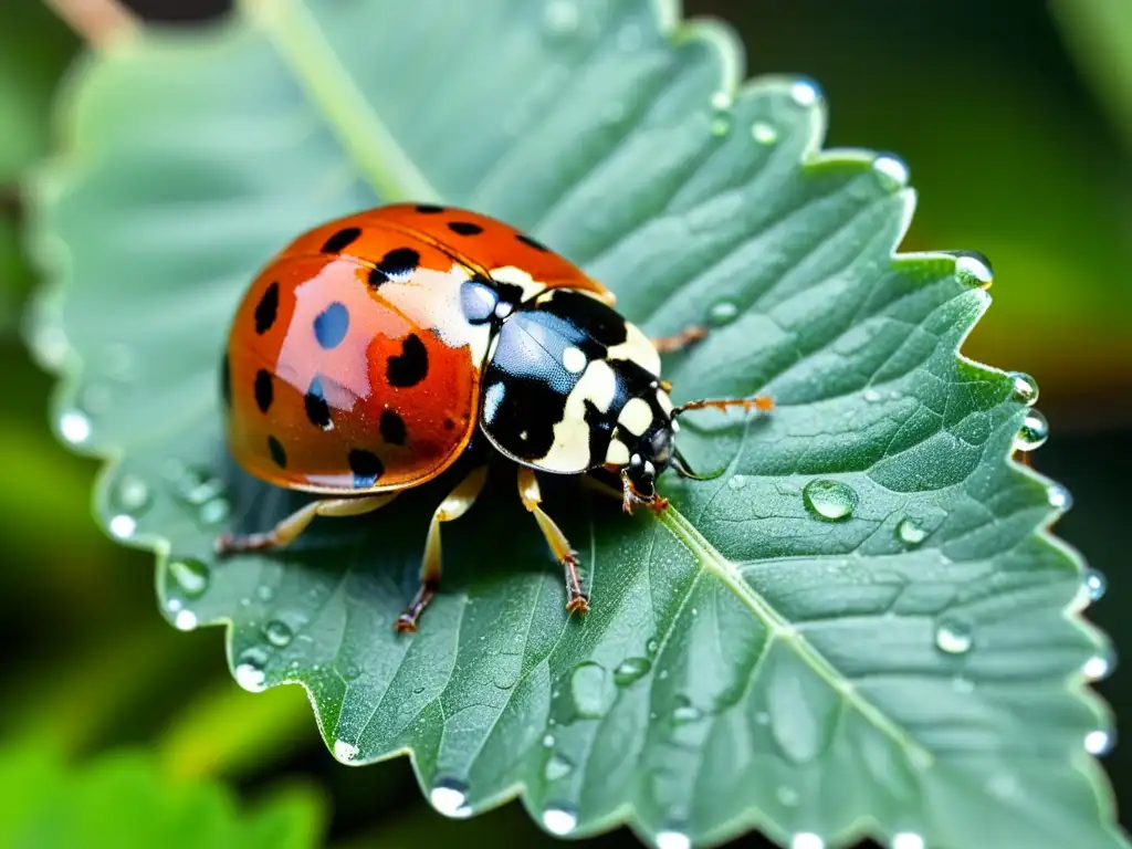 Una mariquita detallada en una hoja verde vibrante con gotas de rocío