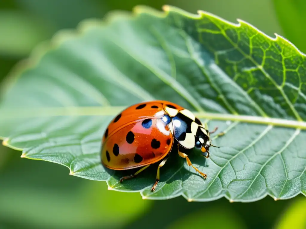 Una mariquita detallada descansa en una hoja verde brillante, sus alas rojas y puntos negros resaltan en detalle