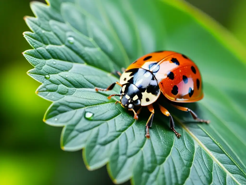 'Una mariquita detallada descansa en una hoja verde vibrante con gotas de agua, destacando la importancia del control biológico de plagas